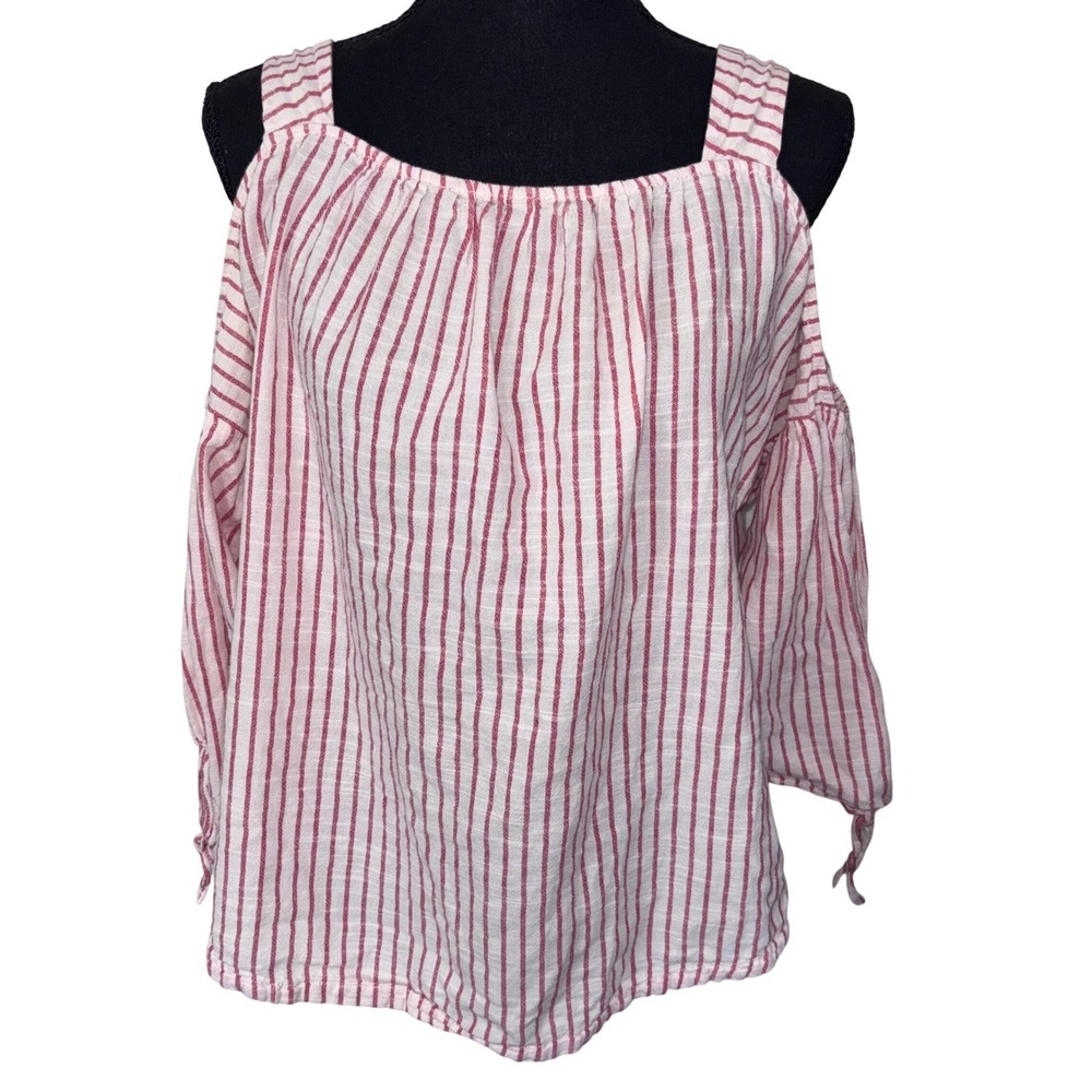 Madewell Women Large Cold Shoulder Top Women Red White Striped Cotton Boho